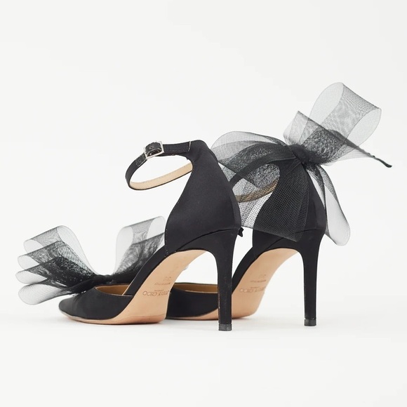 Jimmy Choo Averly 100 Black Mesh Bow Satin Pointed Toe Stiletto Heel Pumps - Picture 7 of 9